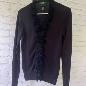 LAUREN RALPH LAUREN Black Cardigan with Rosette Ruffle Trim